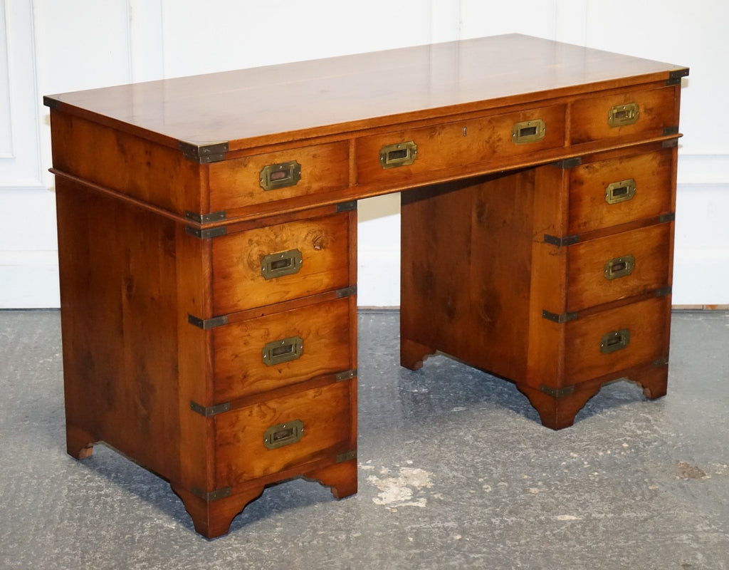 VINTAGE MILITARY CAMPAIGN YEW WOOD TWIN PEDESTAL DESK