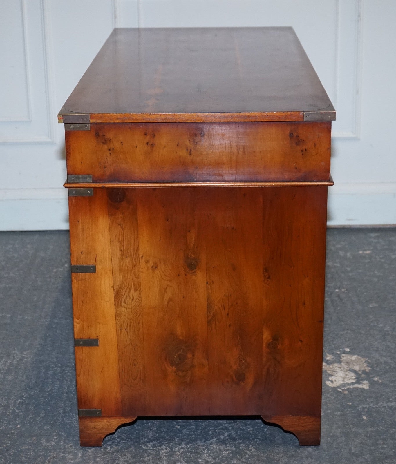 VINTAGE MILITARY CAMPAIGN YEW WOOD TWIN PEDESTAL DESK