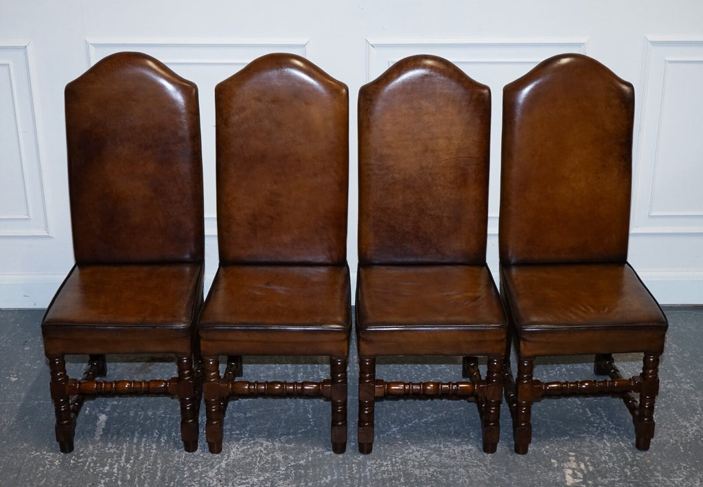 8 RESTORED CROMWELLIAN HAND DYED WHISKEY BROWN LEATHER DINING CHAIRS