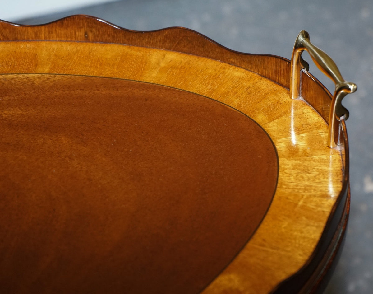 ANTIQUE RESTORED GEORGE III OVL SERVING TRAY AND TABLE WITH  SCALLOPED GALLERY