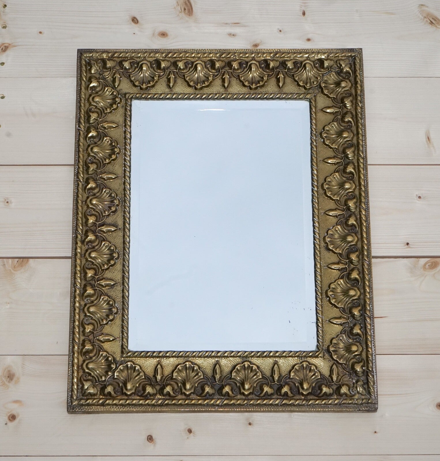 ANTIQUE NEOCLASSICAL STYLE BRASS SHELLS & BLEEDING HEARTS BEVELLED MiRROR