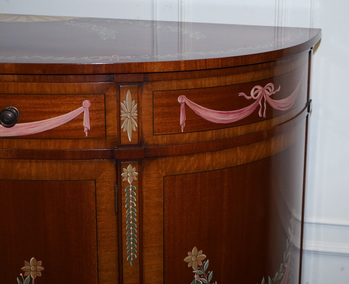 FINE SUBSTANTIAL PAIR OF HAND PAINTED DEMI LUNE SHERATON STYLE CONSOLE CABINETS