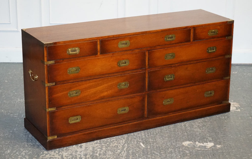 VINTAGE YEW WOOD MILITARY CAMPAIGN SIDEBOARD BANK OF DRAWERS WITH BRASS HANDLES