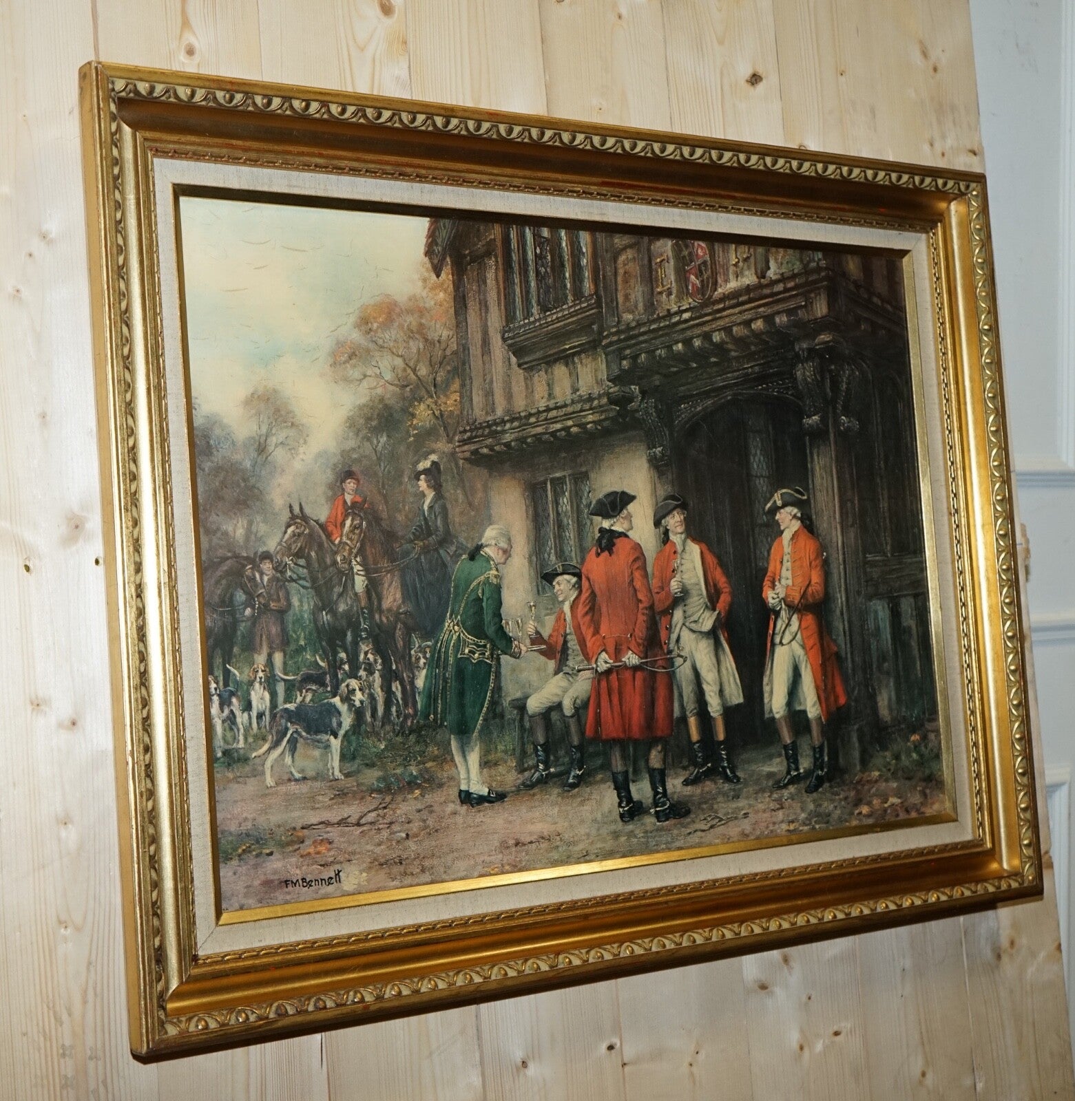 OIL PAINTING IN MANNER OF F.M.  BENNETT ''MEET AT THE LODGE' GILT STYLE FRAME