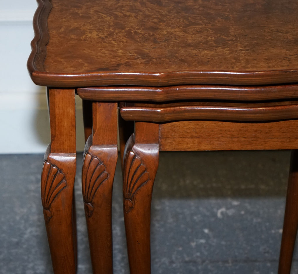 1920 ART DECO BURR WALNUT NEST OF THREE TABLES QUEEN ANNE LEGS