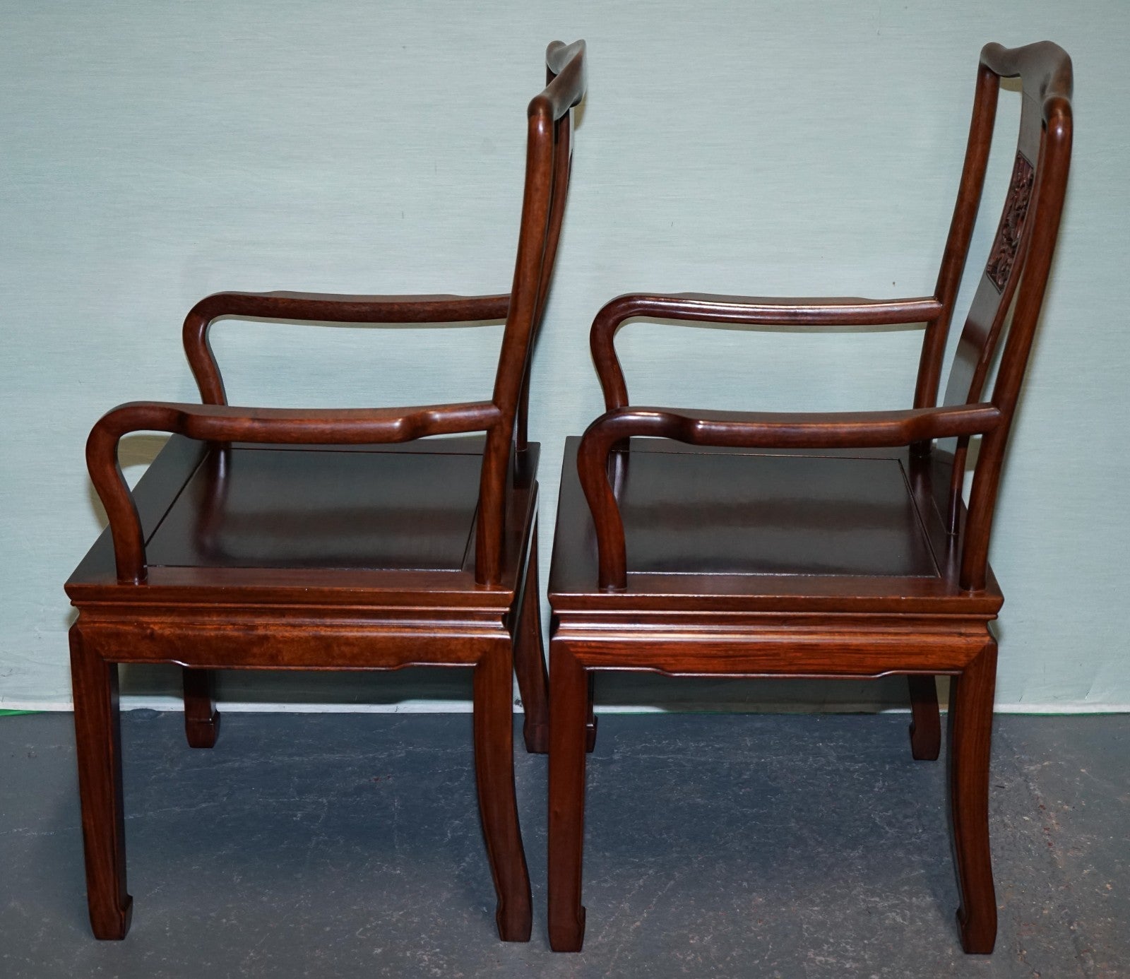 SET OF TEN VINTAGE ORIENTAL CHINESE HARDWOOD CARVER DINING ARMCHAIRS W/ CUSHIONS