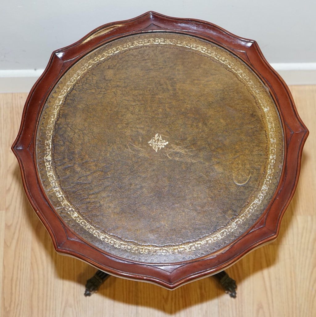 STUNNING VINTAGE BROWN LEATHER PLANT/WINE TRIPOD STAND ON PAW FEET WITH CASTORS