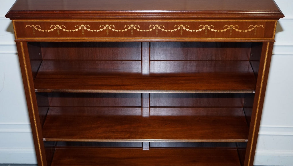 LARGE VINTAGE EDWARDIAN STYLE INLAID SHERATON OPEN BOOKCASE ADJUSTABLE SHELVES
