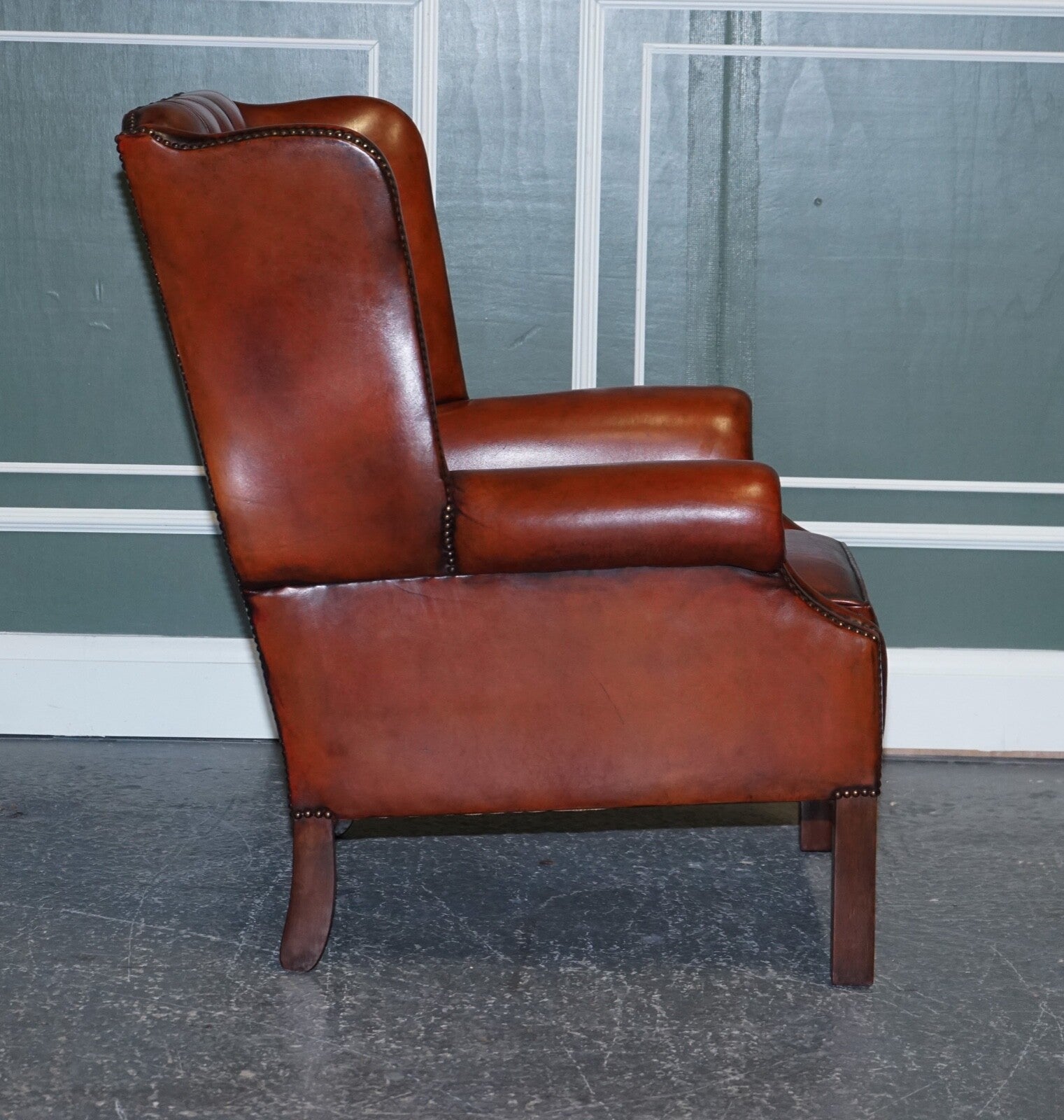 STUNNING PAIR OF BURGUNDY BROWN LEATHER HAND DYED WINGBACK CHAIRS