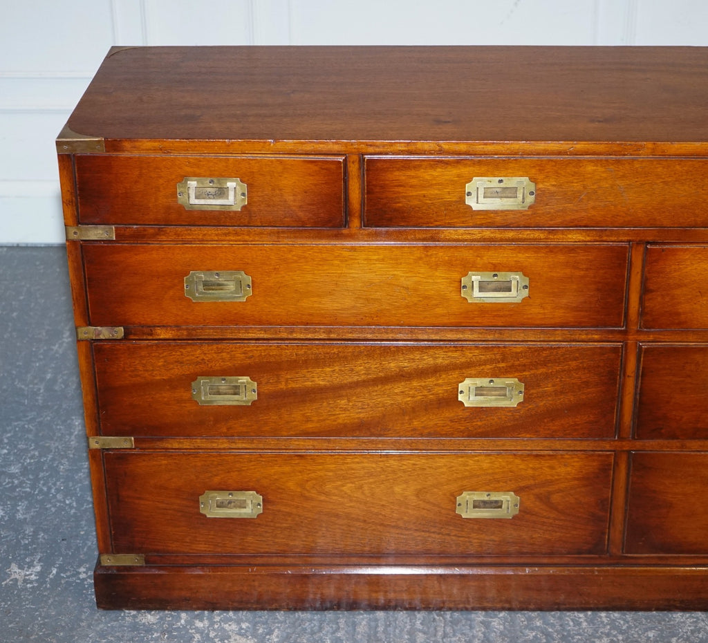 VINTAGE YEW WOOD MILITARY CAMPAIGN SIDEBOARD BANK OF DRAWERS WITH BRASS HANDLES