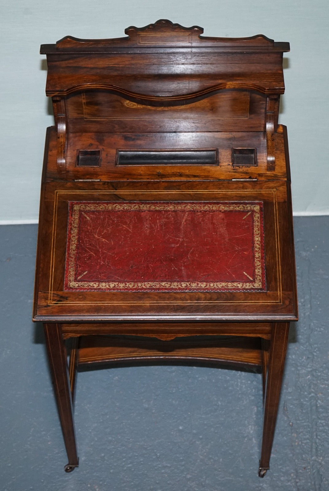 VICTORIAN LADIES WRITING DAVENPORT DESK WITH INLAY & LEATHER WRITING SURFACE