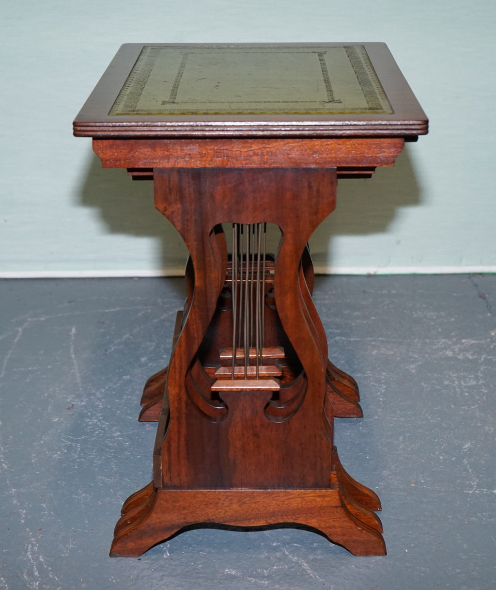 VINTAGE LYRE BASE GREEN LEATHER TOP NEST OF TABLES SIDE TABLES