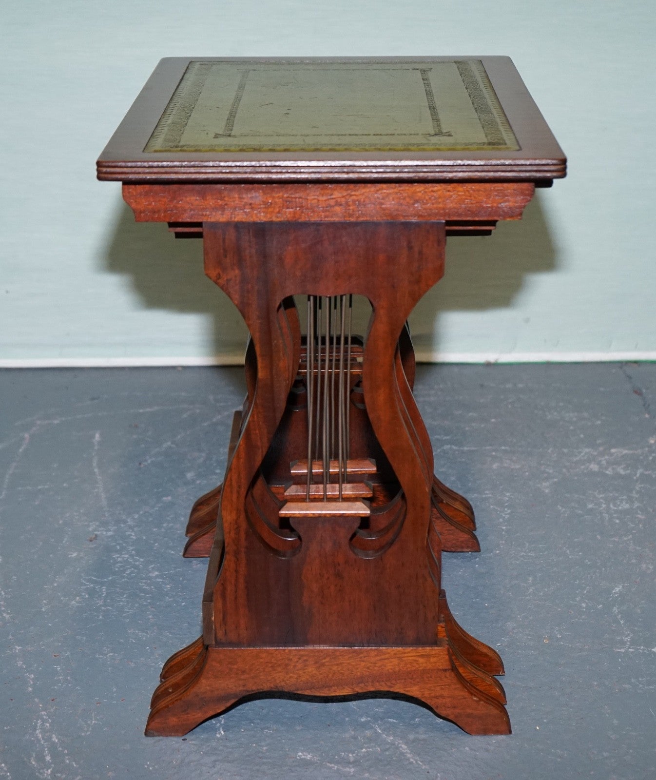 VINTAGE LYRE BASE GREEN LEATHER TOP NEST OF TABLES SIDE TABLES