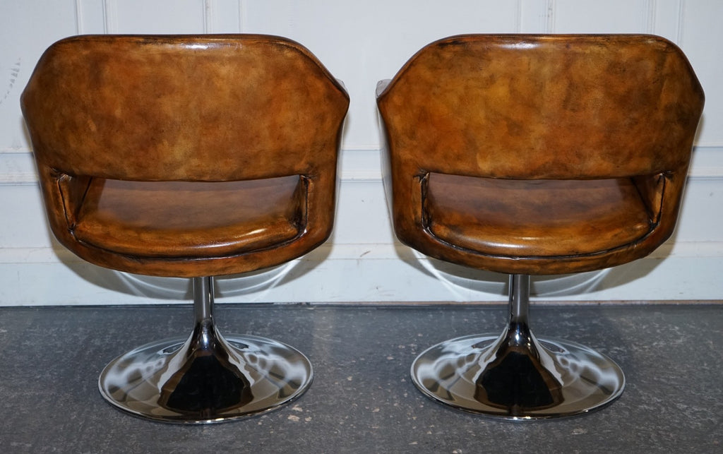 SET OF FOUR RESTORED HAND DYED LEATHER LARGO JOHANSON DESIGN SWIVEL ARMCHAIRS