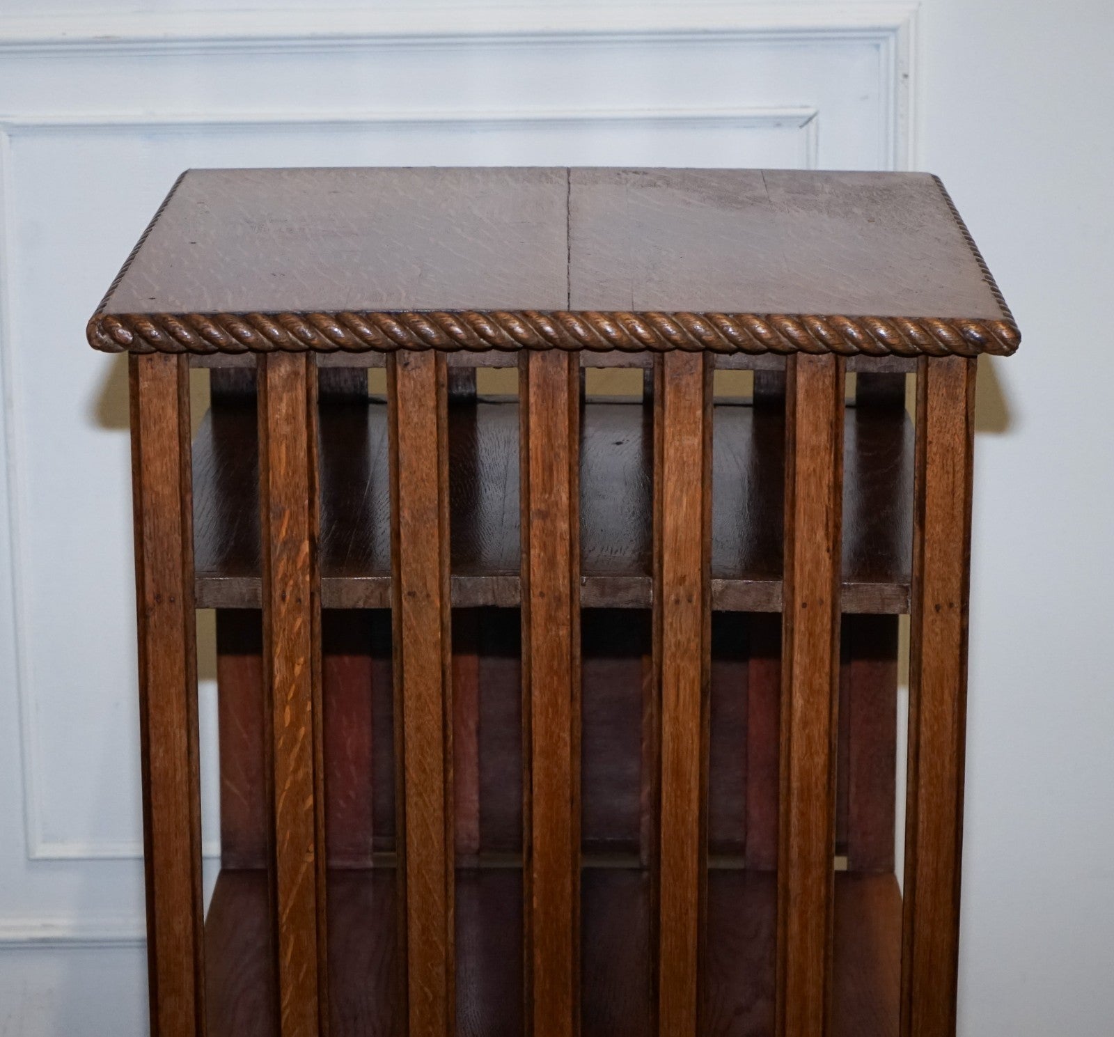 ANTIQUE SUBSTANTIAL OAK REVOLVING BOOKCASE WITH FOLDING READING STAND