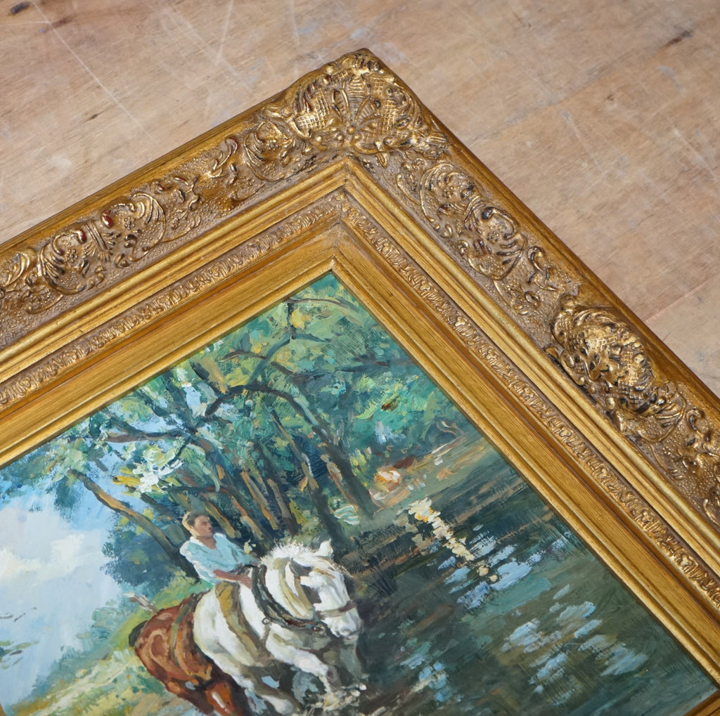 ANTIQUE OIL PAINTING HORSE RIDER CROSSING A STREAM GILTED FRAME 49 X 60 CM
