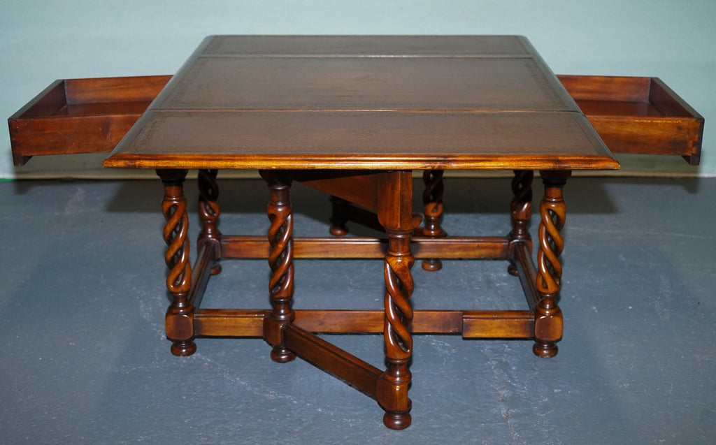 ELEGANT THEODORE ALEXANDER DROP LEAF BARLEY TWIST TABLE WITH LEATHER TOP