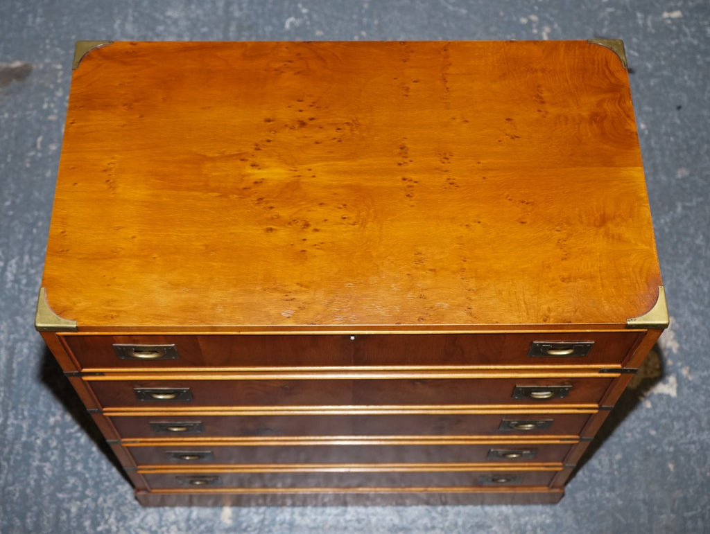 VINTAGE MILITARY CAMPAIGN YEW WOOD SECRETARY CHEST OF DRAWERS WiTH BRASS HANDLES