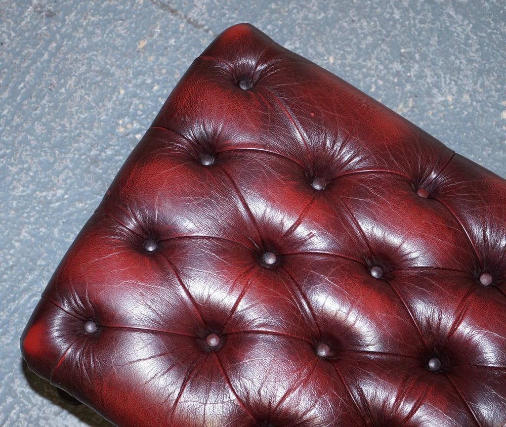 VINTAGE BURGUNDY LEATHER CHESTERFIELD QUEEN ANNE LEGS FOOTSTOOL