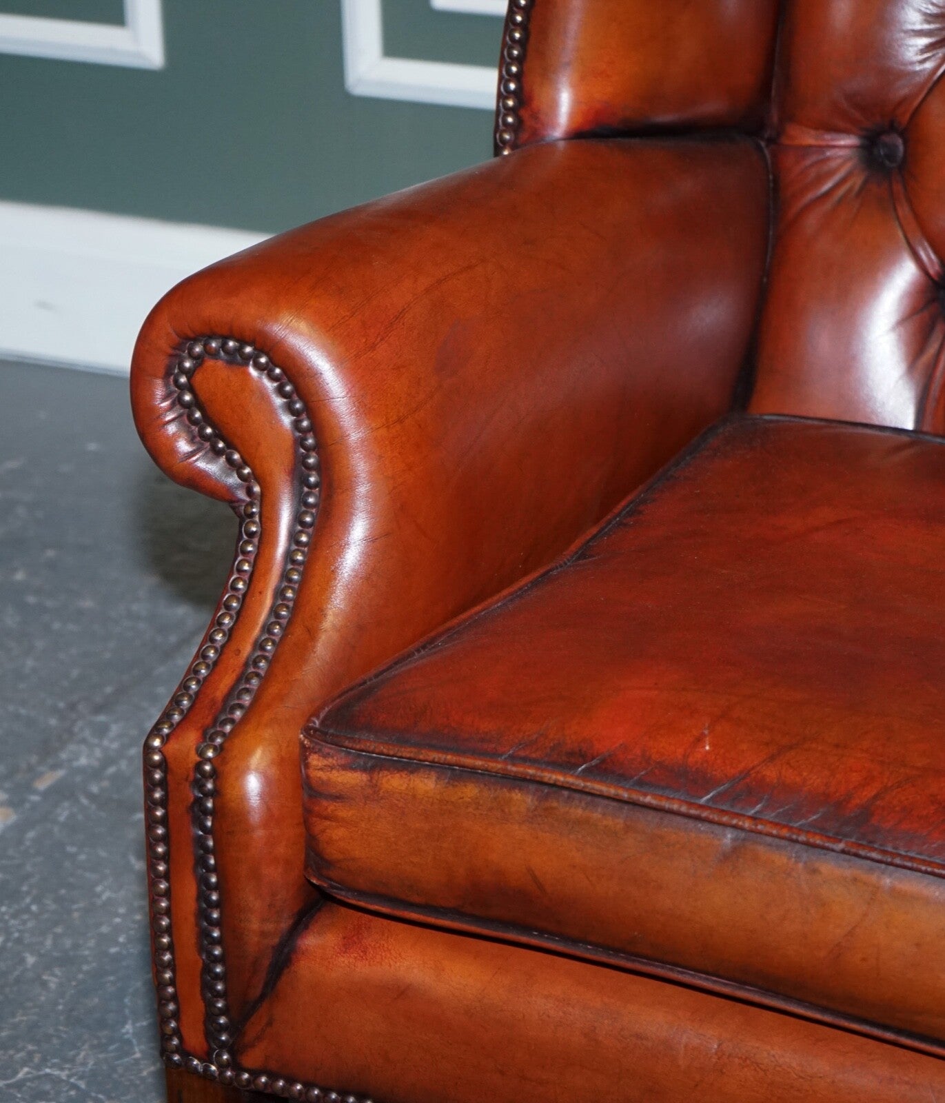 STUNNING PAIR OF BURGUNDY BROWN LEATHER HAND DYED WINGBACK CHAIRS