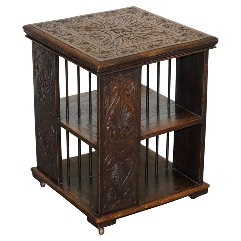 ANTIQUE VICTORIAN ENGLISH SOLID OAK CARVED JACOBEAN REVOLVING OPEN BOOKCASE