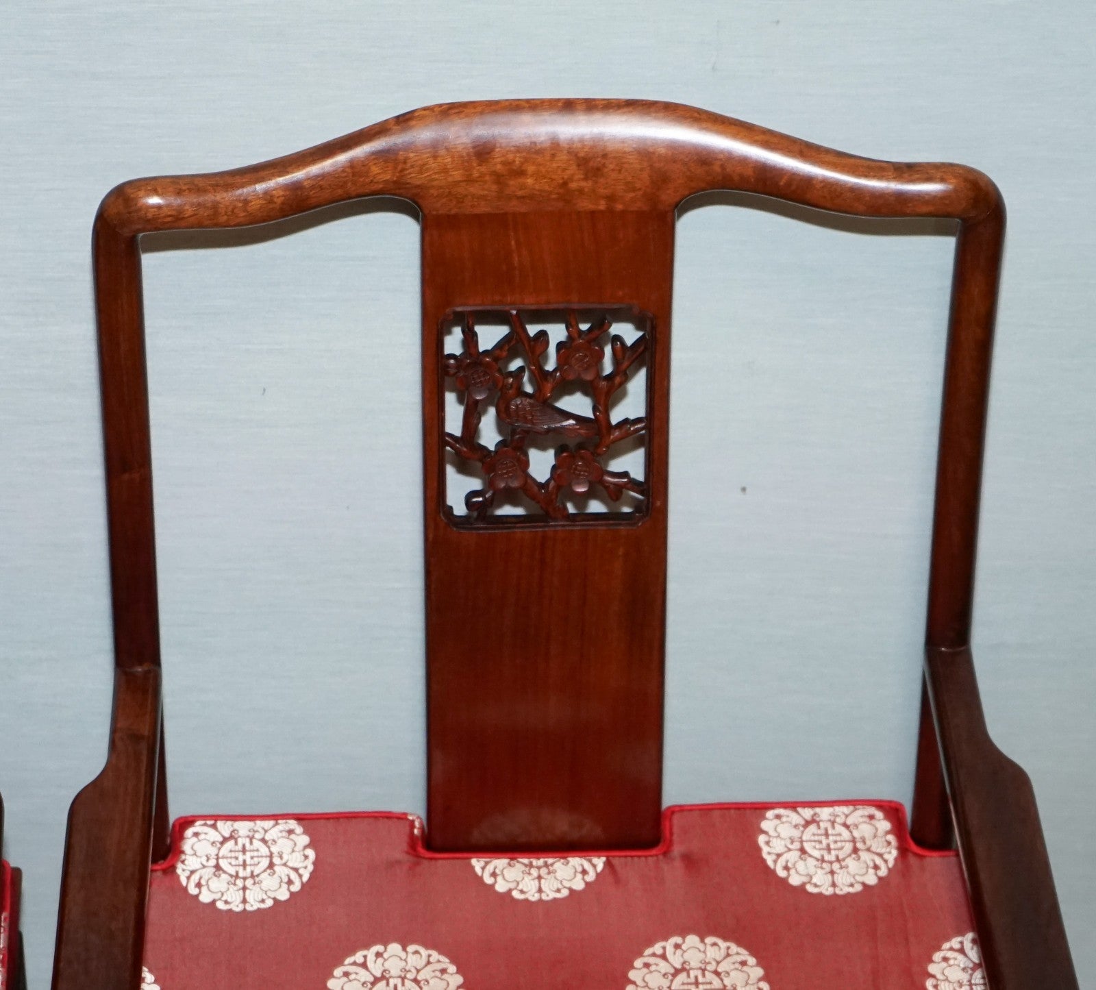 SET OF TEN VINTAGE ORIENTAL CHINESE HARDWOOD CARVER DINING ARMCHAIRS W/ CUSHIONS