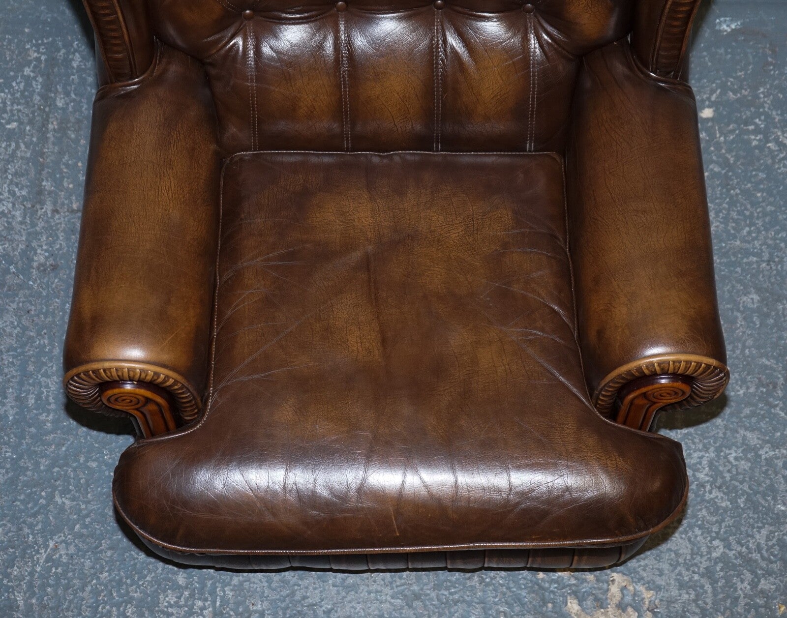 VINTAGE PAIR OF BRITISH MADE BROWN AGED LEATHER MONK CHESTERFIELD ARMCHAIRS