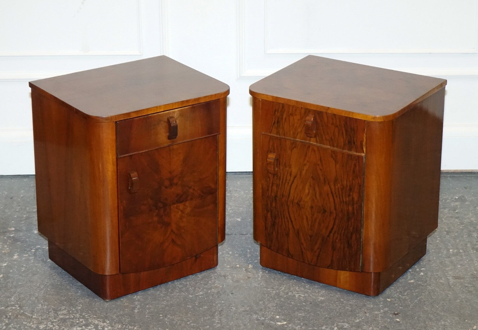 PAIR OF 1930'S ART DECO BURR WALNUT BEDSIDE TABLES NIGHTSTANDS DRAWER & CUPBOARD