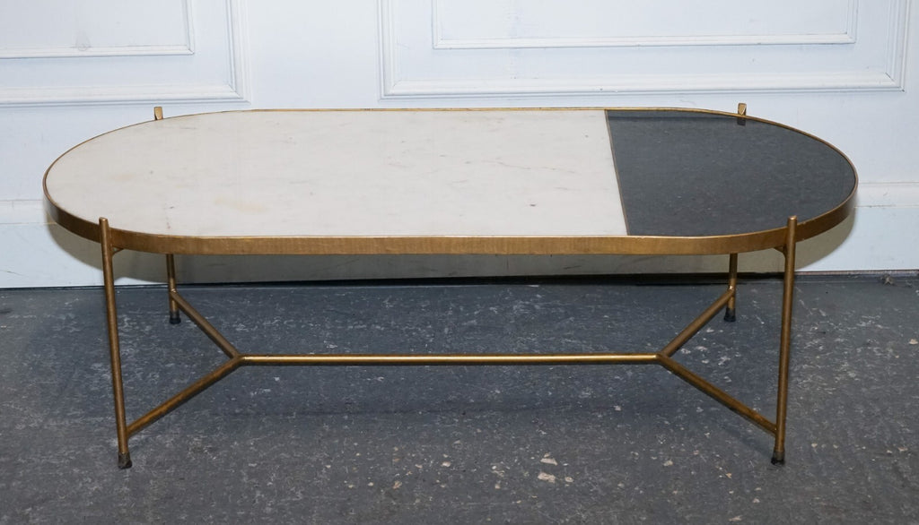 CONTEMPORARY ITALIAN TWO TONE MARBLE & LIMESTONE COFFEE TABLE ON METAL GOLD LEGS