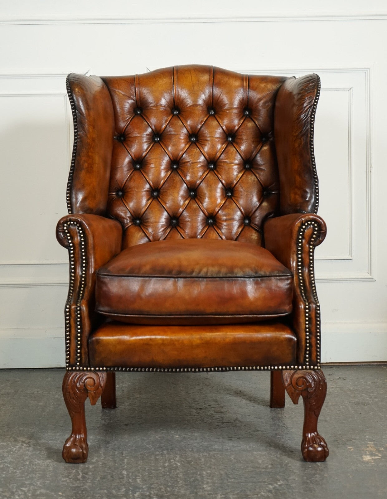 RESTORED PAIR OF HAND DYED BROWN LEATHER CHESTERFiELD WINGBACK ARMCHAIRS