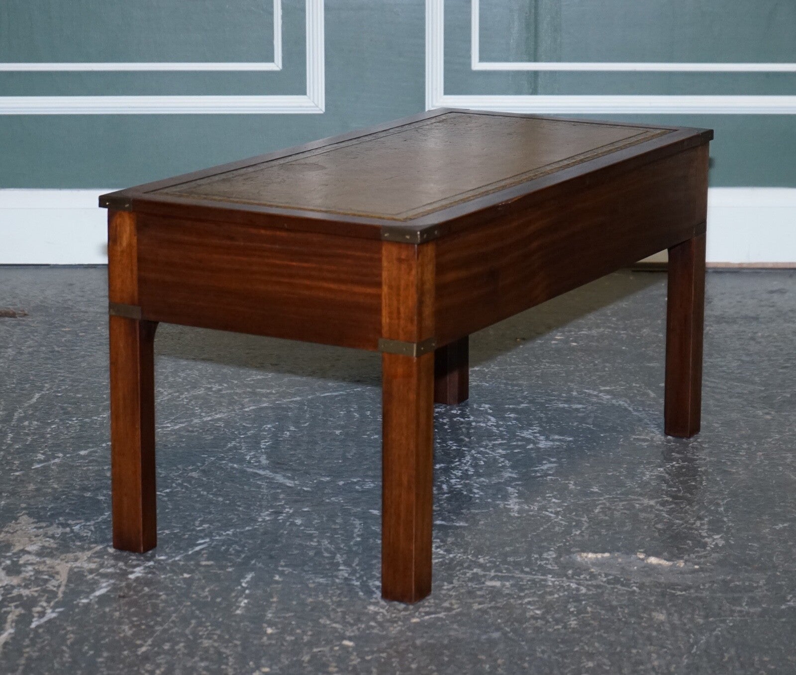 HARRODS LONDON KENNEDY MILITARY CAMPAIGN COFFEE TABLE WITH BROWN LEATHER TOP