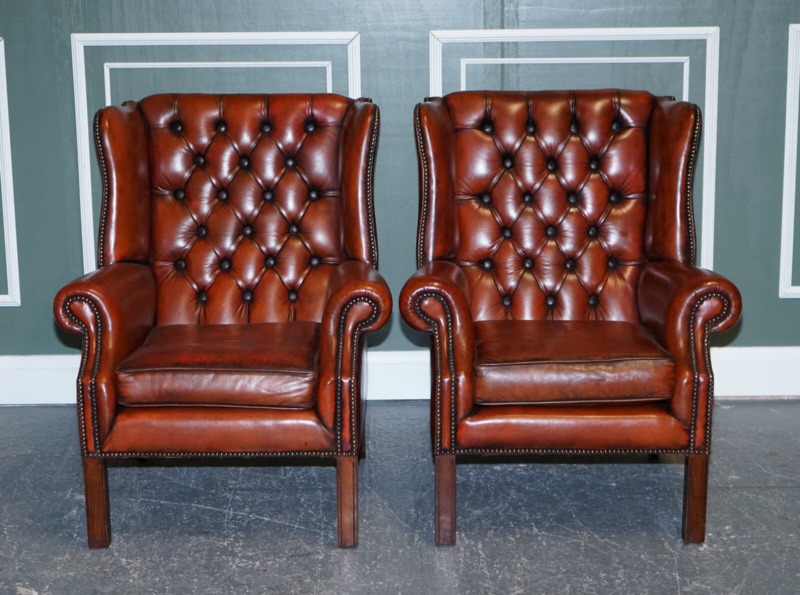 STUNNING PAIR OF BURGUNDY BROWN LEATHER HAND DYED WINGBACK CHAIRS