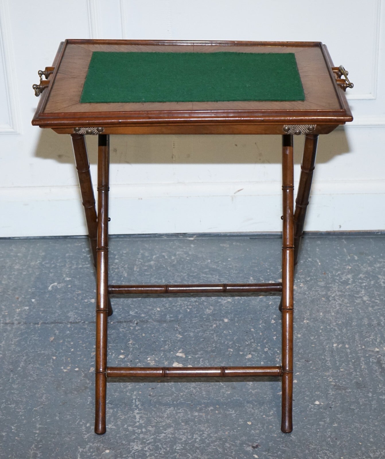VICTORIAN DOUBLE SIDED SERVING TRAY ON BAMBOO STAND BRASS HANDLES MARQUETRY TOP