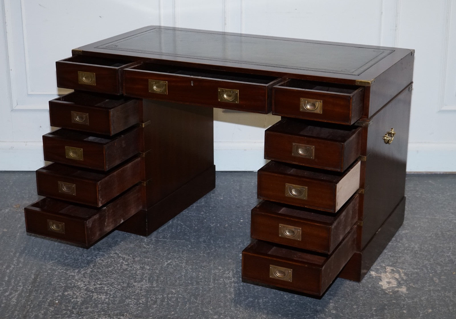 FINE RESTORED MILITARY CAMPAIGN TWIN PEDESTAL DESK WITH GREEN LEATHER TOP