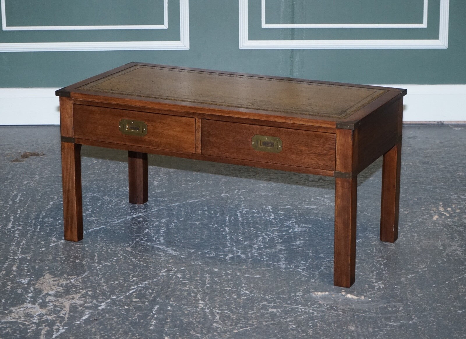 HARRODS LONDON KENNEDY MILITARY CAMPAIGN COFFEE TABLE WITH BROWN LEATHER TOP