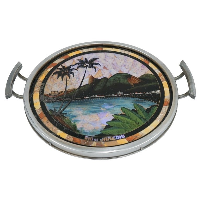 VINTAGE CIRCULAR BRAZILIAN RIO DE JANEIRO METAL TRAY REAL MORPHO BUTTERFLY WINGS