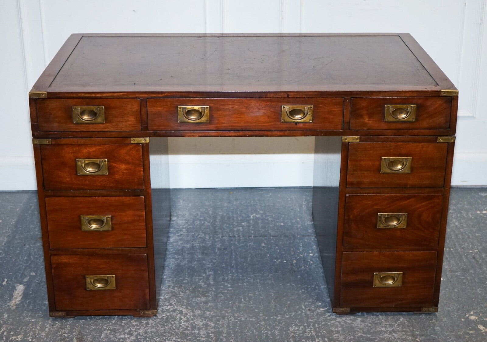 FULLY RESTORED BEVAN FUNNELL MILITARY CAMPAIGN TWIN PEDESTAL DESK BROWN LEATHER