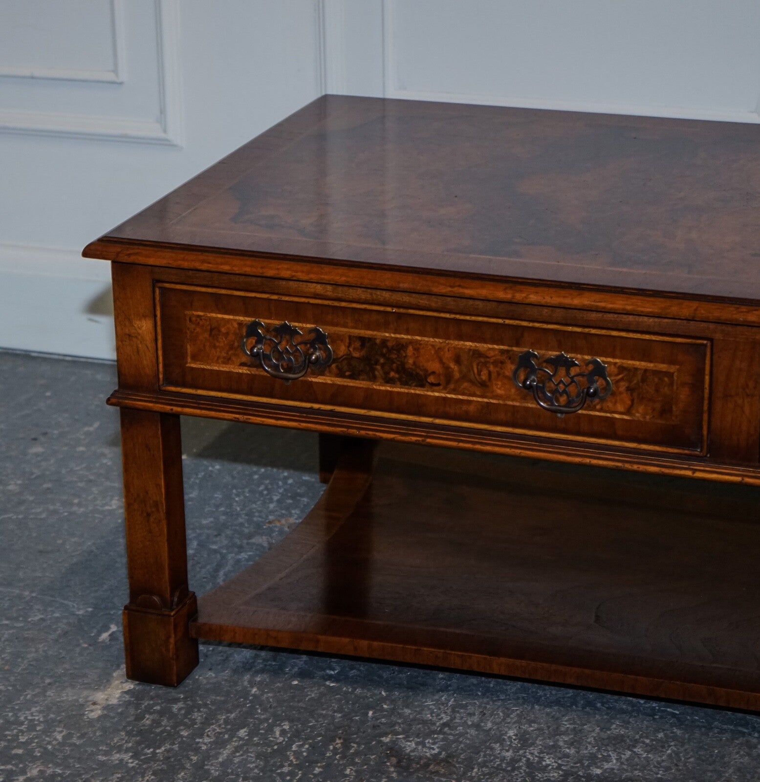 VINTAGE BRIGHTS OF NETTLEBED BURR WALNUT COFFEE TABLE WITH TWO DEEP DRAWERS