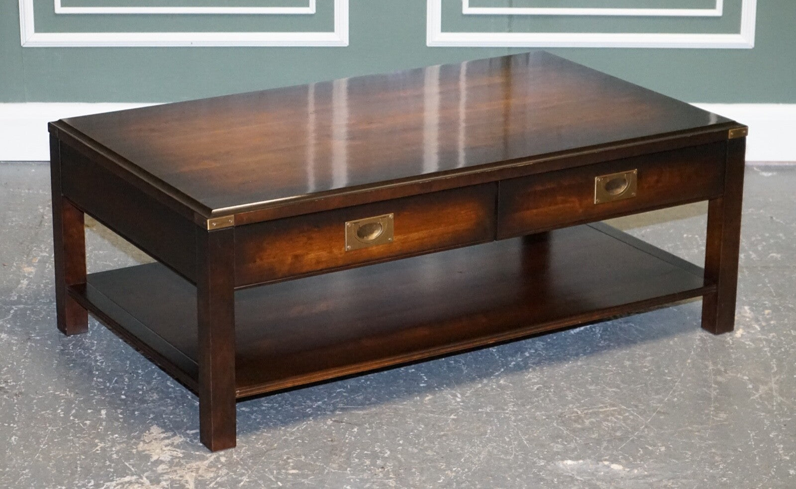 STUNNING VINTAGE MILITARY CAMPAIGN MAHOGANY & BRASS COFFEE TABLE