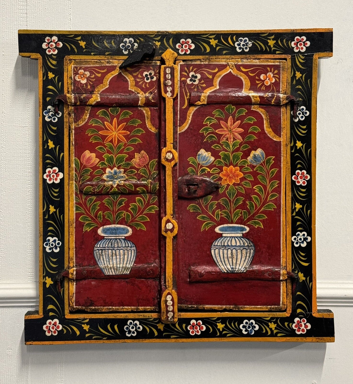 OLD INDiAN PAINTED WOOD WINDOW FRAME FLOWER AND VASE
