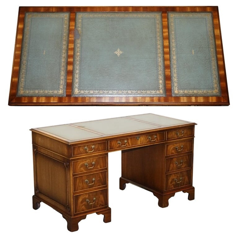 VINTAGE BEVAN FUNNELL SAGE BLUE GOLD EMBOSSED LEATHER TOP PEDESTAL DESK