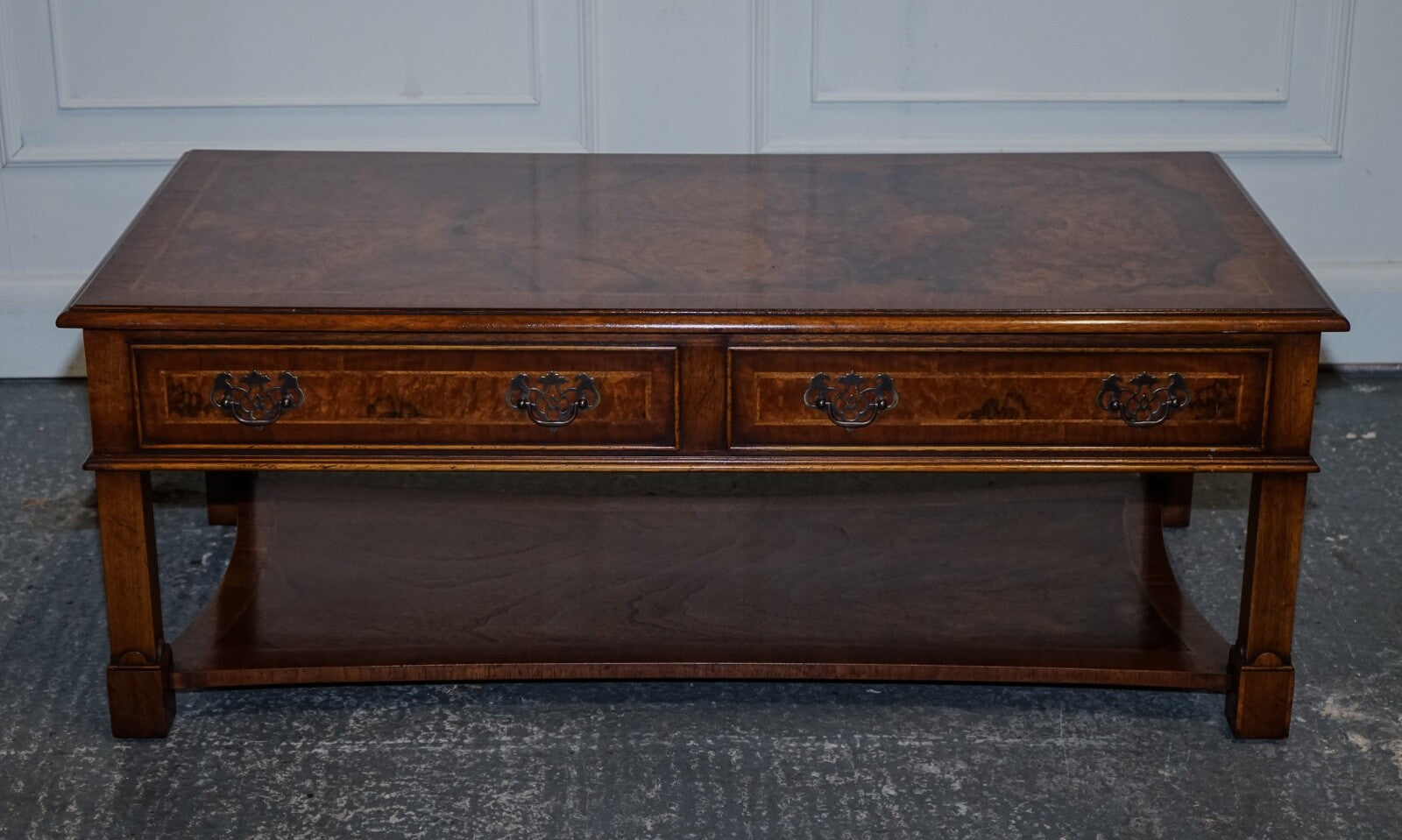 VINTAGE BRIGHTS OF NETTLEBED BURR WALNUT COFFEE TABLE WITH TWO DEEP DRAWERS