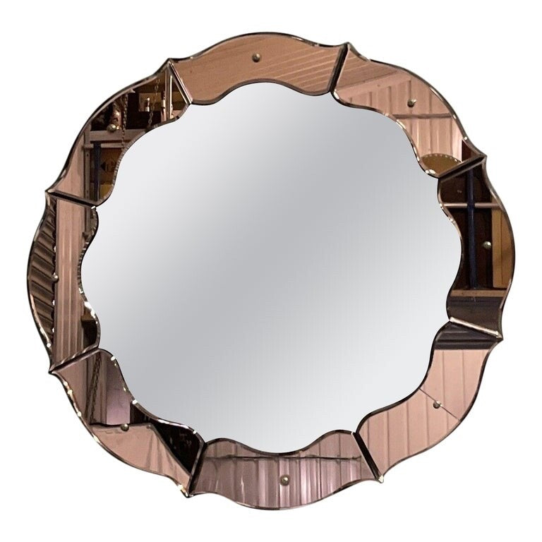 STUNNING FRENCH ART DECO 1920'S CONVEX PEACH COLOURED WALL MIRROR
