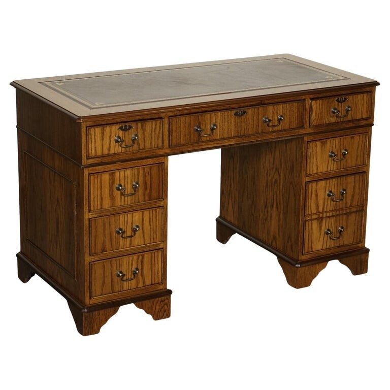 VINTAGE OAK OFFICE PEDESTAL DESK BROWN LEATHER TOP PART OF SUITE