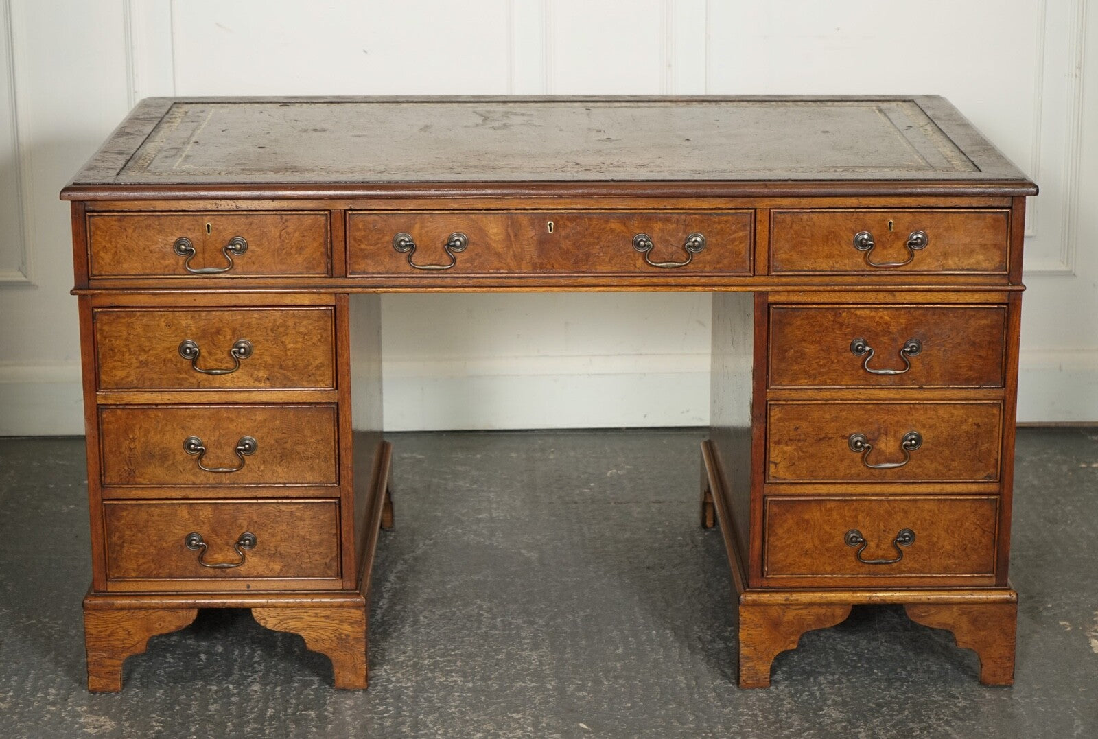 VINTAGE BURR WALNUT TWIN PEDESTAL BROWN LEATHER TOP DESK GOLD EMBOSSED TOOLING