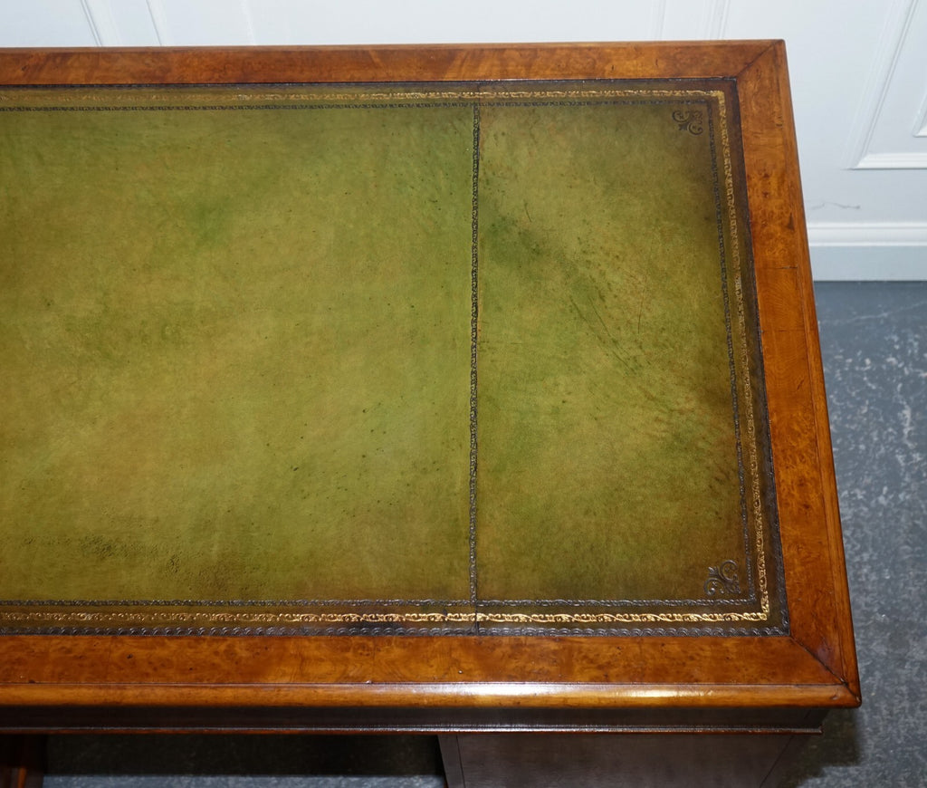 ONE OF A KiND RESTORED VICTORIAN BURR WALNUT HAND DYED LEATHER PEDESTAL DESK