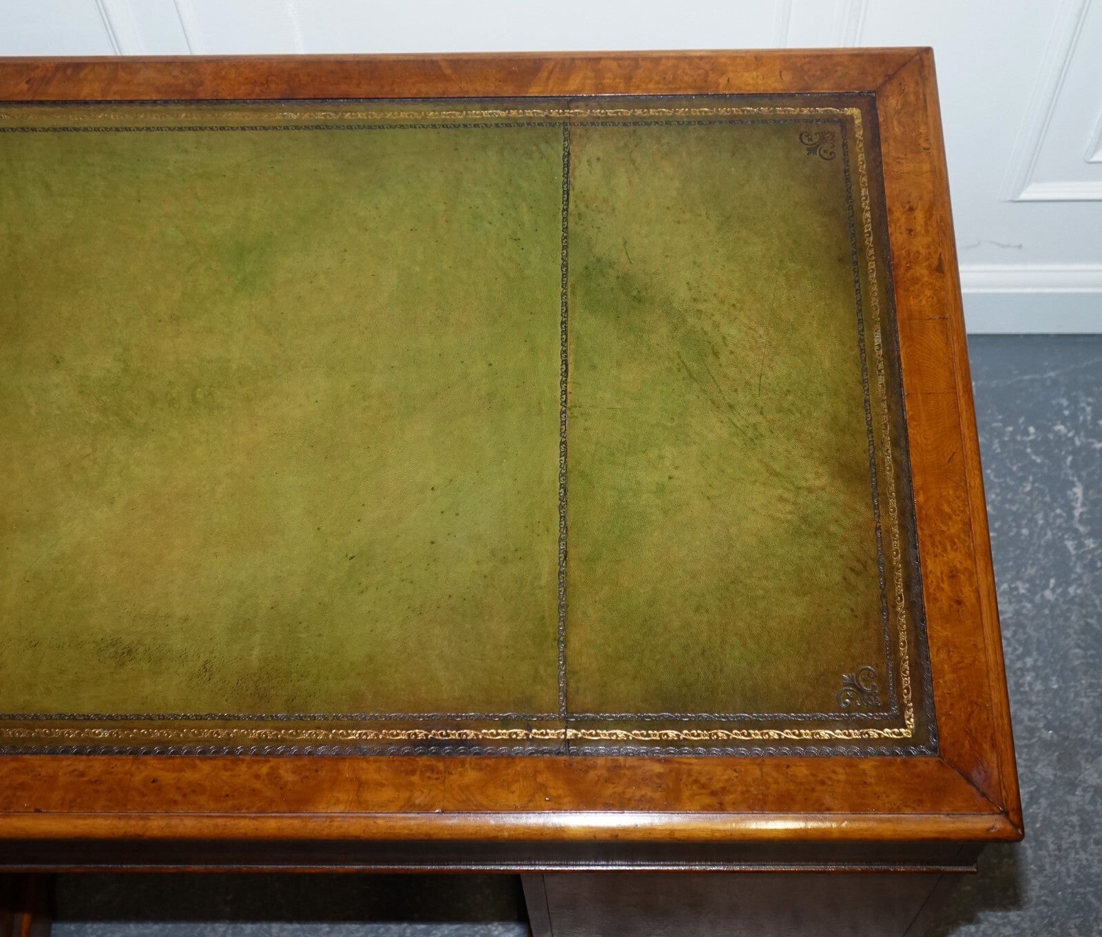 ONE OF A KiND RESTORED VICTORIAN BURR WALNUT HAND DYED LEATHER PEDESTAL DESK