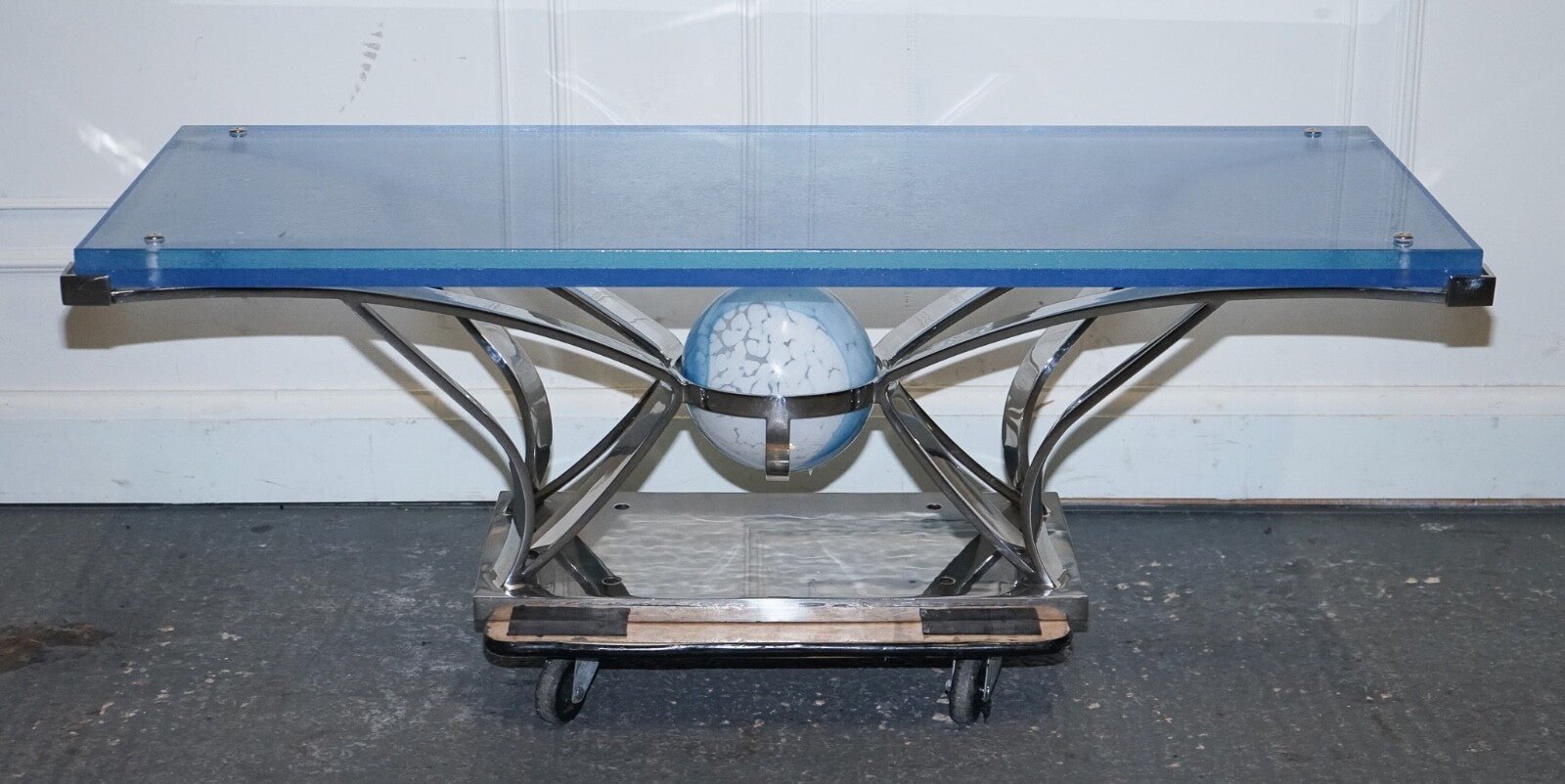 RARE CUSTOM HAND MADE GLASS MARINE GRADE STAINLESS STEEL COFFEE TABLE BY SOLIART
