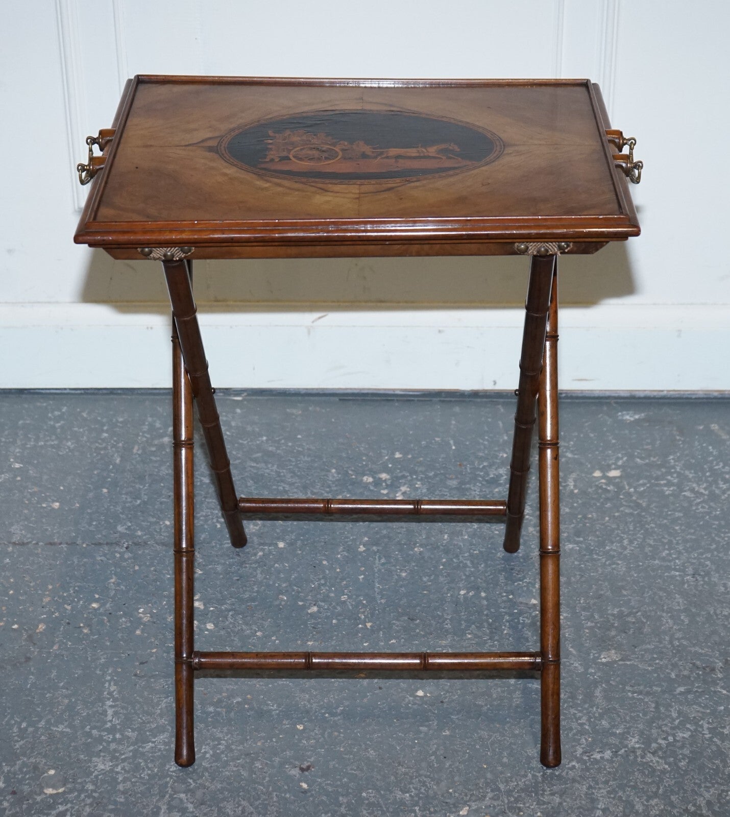 VICTORIAN DOUBLE SIDED SERVING TRAY ON BAMBOO STAND BRASS HANDLES MARQUETRY TOP