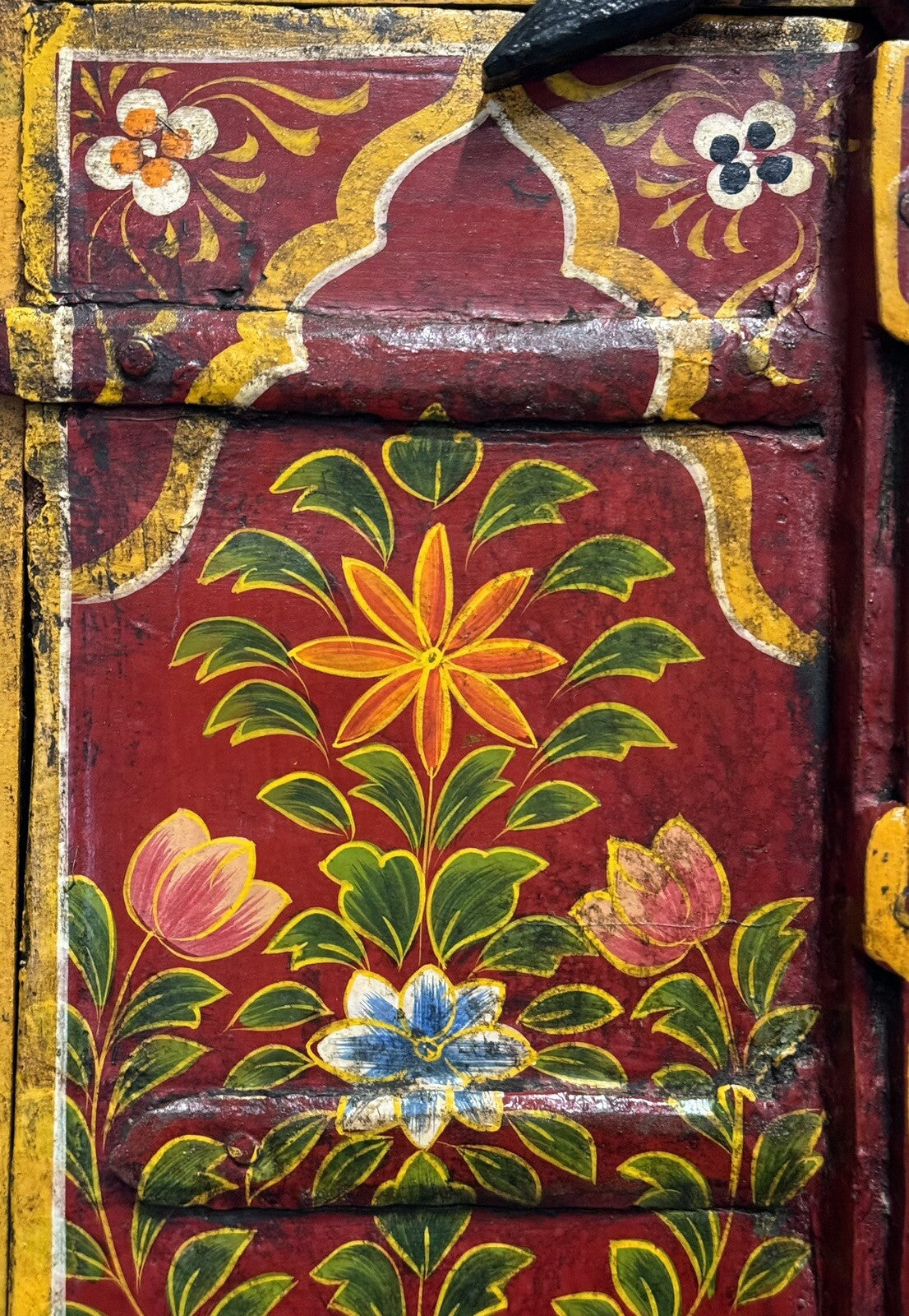 OLD INDiAN PAINTED WOOD WINDOW FRAME FLOWER AND VASE